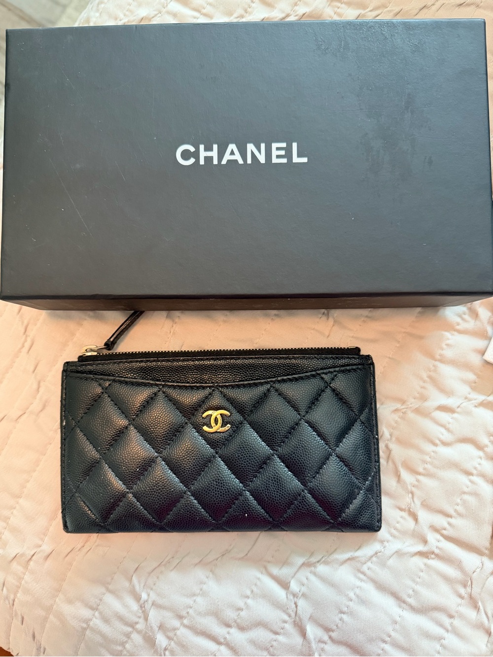 CHANEL Black Quilted Leather Card & Key Pouch with Gold CC- Authentic